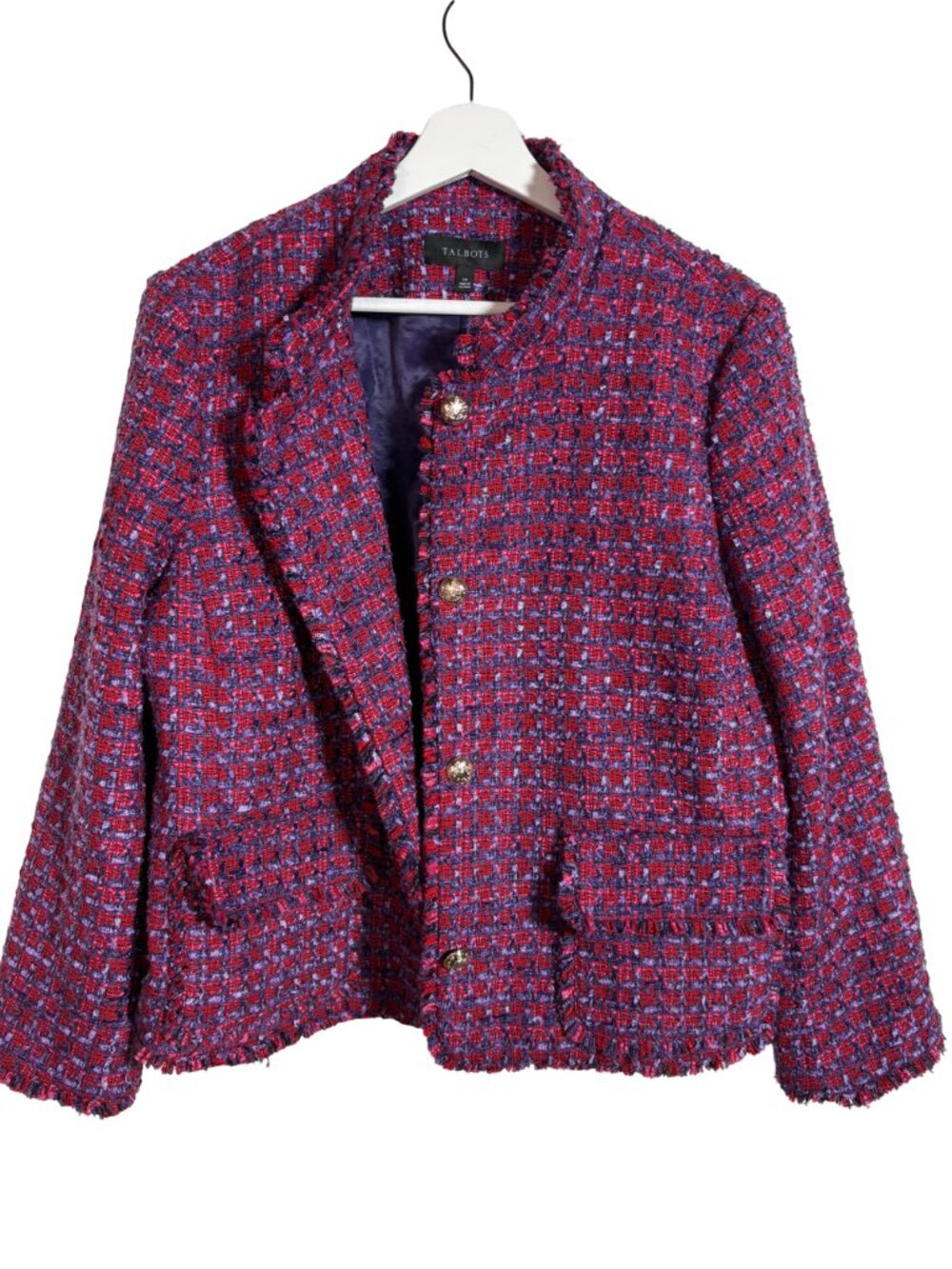 Talbots Tweed Fringe Trim Blazer Jacket Size 14 Purple Red Crest Button NWT - Picture 2 of 8